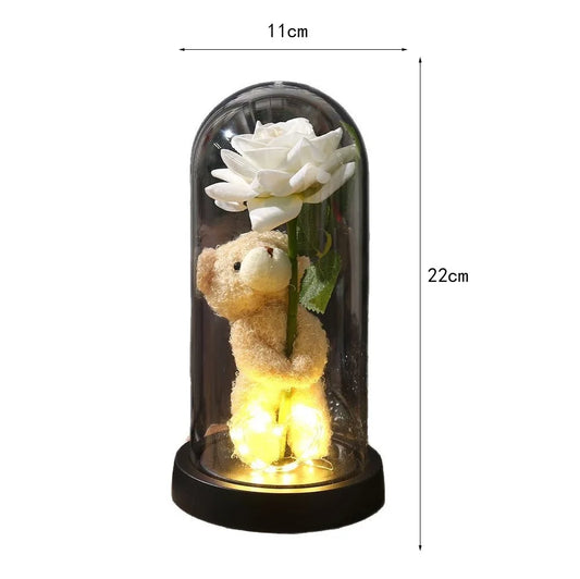 Rose éternelle dans un dôme en verre, fleur artificielle avec ours, accessoires de bureau, cadeaux de Noël, de la Saint-Valentin, et souvenirs de fête.